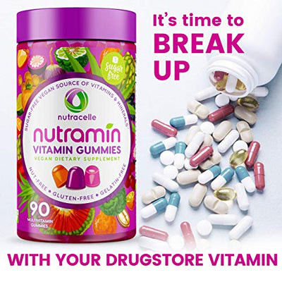 NUTRAMIN Daily Vegan Keto Multivitamin Gummies Vitamin C, D3, and Zinc for Immunity, Plant-Based, Sugar-Free, Nut-Free, Gluten-Free, with Biotin, Vitamin A, B, B6, B12 & More 90 Count, 45 Day Suppy