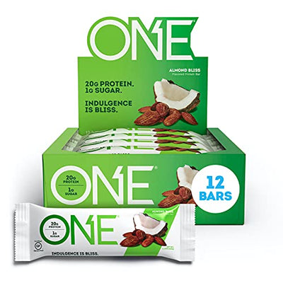 ONE Protein Bars, Almond Bliss, Gluten Free Protein Bars with 20g Protein and only 1g Sugar, Guilt-Free Snacking for High Protein Diets, 2.12 oz, 12 Count