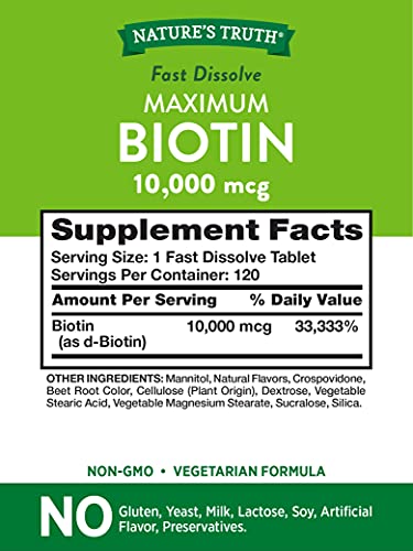 Biotin 10000mcg | 120 Fast Dissolve Tablets | Maximum Strength | Hair Skin and Nails Supplement | Natural Berry Flavor | Vegetarian, Non-GMO, Gluten Free | by Nature's Truth