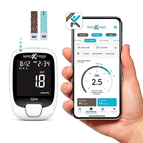 KETO-MOJO GK+ Glucose & Ketone Bluetooth Monitor + Free APP, 20 Test Strips (10 Each), Meter, 20 Lancets, Lancing Device, Control Solutions. Dual Blood Monitoring System for Ketosis & Ketogenic Diets