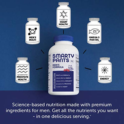 SmartyPants Men's Formula, Daily Multivitamin for Men: Vitamins C, D3, Zinc, Omega 3, CoQ10, & B12 for Immune Support, Energy, Prostate & Heart Health, Fruit Flavor, 180 Gummies (30 Day Supply))