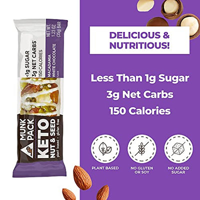 Munk Pack Keto Nut & Seed Bar, <1g Sugar, 3g Net Carbs, Keto Snacks, No Added Sugar, Plant Based, Gluten Free, Soy Free (NEW! Macadamia White Chocolate 12 Pack)