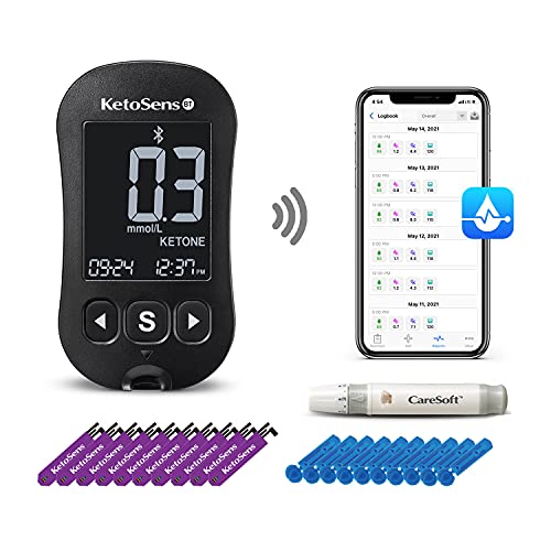 KetoSens Blood Ketone Monitoring Starter Kit with Bluetooth + Free APP - Ideal for Keto Diet. Includes Meter, 10 Ketone Test Strips, 1 Lancing Device, 10 Lancets & Travel Case
