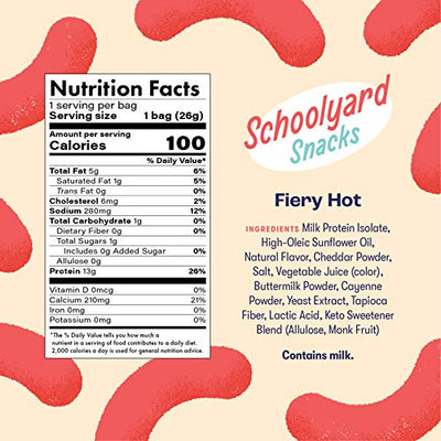 Schoolyard Snacks Low Carb Keto Cheese Puffs - Fiery Hot - High Protein - All Natural - Gluten & Grain-Free - Healthy Chips - Low Calorie Food - 12 Pack Single Serve Bags - 100 Calories