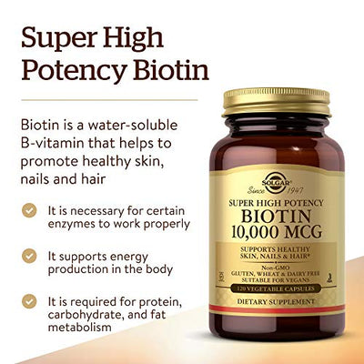 Solgar Biotin 10,000 mcg, 120 Vegetable Capsules - Energy, Metabolism, Promotes Healthy Skin, Nails & Hair - Super High Potency - Non-GMO, Vegan, Gluten Free, Dairy Free, Kosher - 120 Servings