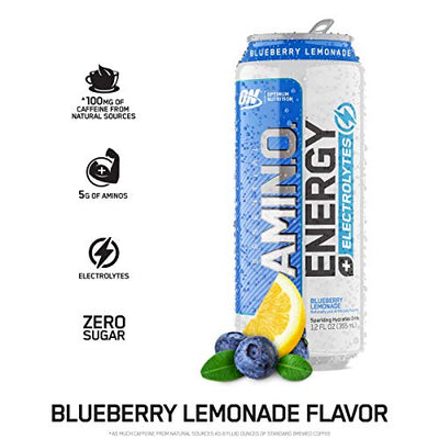 Optimum Nutrition Amino Energy + Electrolytes Sparkling Hydration Drink - Pre Workout, BCAA, Keto Friendly, Energy Drink - Blueberry Lemonade, 12 Count (Packaging May Vary)