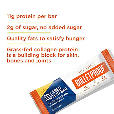 Collagen Protein Bars, Vanilla Shortbread, 11g Protein, 12 Pack, Bulletproof Grass Fed Healthy Snacks, Made with MCT Oil, 2g Sugar, No Added Sugar