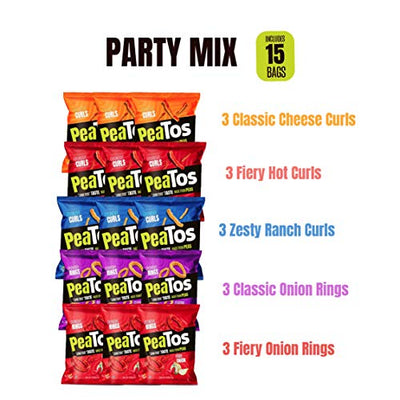 PeaTos Party Mix Crunchy Curls & Rings, Pea Protein Puffs, Snack Packs (4g Protein, 3g Fiber) [Variety] 1 Ounce Bags, 15 Count | Bold Flavor, Gluten Free