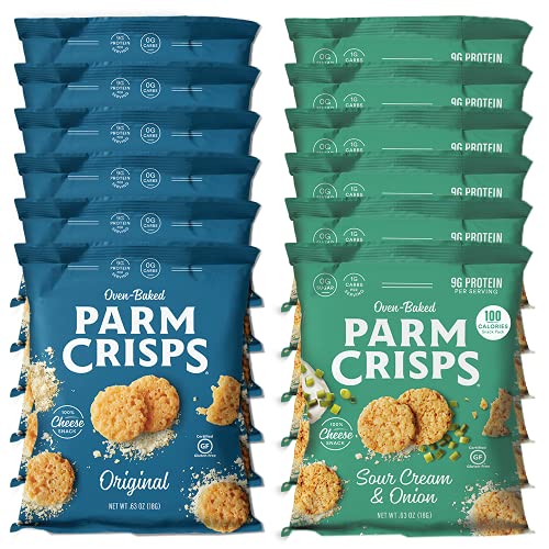 ParmCrisps Original Parmesan & Sour Cream and Onion Cheese Crisps 0.63oz Variety Pack, 100% Cheese Snack, Gluten Free, Oven Baked, Sugar Free, Low Carb, High Protein, Keto-Friendly, 12 Pack (6 Bags of Each)