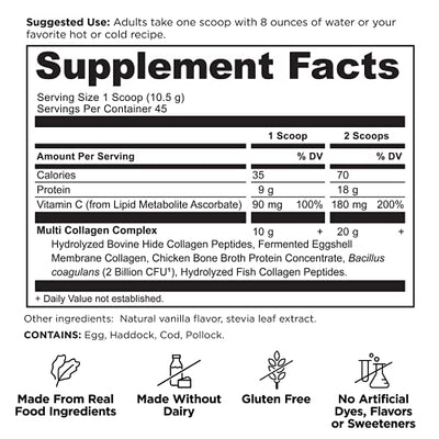 Collagen Powder Protein by Ancient Nutrition, Multi Collagen Vanilla Protein Powder, 45 Servings, with Vitamin C, Hydrolyzed Collagen Peptides Supports Skin and Nails, Gut Health, 16.7oz