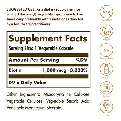 Solgar Biotin 1000 mcg, 250 Vegetable Capsules - Supports Healthy Skin, Nails & Hair - Energy Metabolism - Enhanced Potency - Non-GMO, Vegan, Gluten Free, Dairy Free, Kosher, Halal - 250 Servings