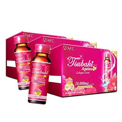 AFC Japan Tsubaki Ageless Beauty Collagen Drink from Japan with 10,000mg Marine Collagen Peptides + 500mg Royal Jelly + Hyaluronic Acid + Vitamin Bs & C for Skin Revitalization (1.69fl.ozx10sx3)