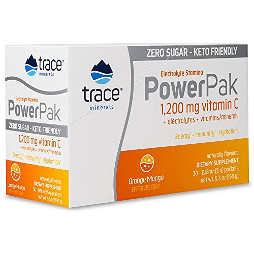 Trace Minerals Electrolytes Powder Packets (Orange Mango) Keto Friendly Electrolyte Stamina Power Pak Sugar Free Ketones Drink Mix, 1200 Mg Vitamin C Non-GMO | Energy, Immunity, Hydration, 30 Count