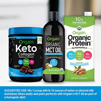Orgain Keto Collagen Protein Powder with MCT Oil, Chocolate - Paleo Friendly, Grass Fed Hydrolyzed Collagen Peptides Type I and III, Dairy Free, Gluten Free, Soy Free, 0.88 Lb (Packaging May Vary)