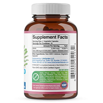 Whole Food Biotin Supplement - Contains Certified Organic Plant Based Biotin from Sesbania Agati Trees - by LifeGarden Naturals. May Support Healthy Hair, Skin and Nails. 60 Non GMO Veggie Capsules.