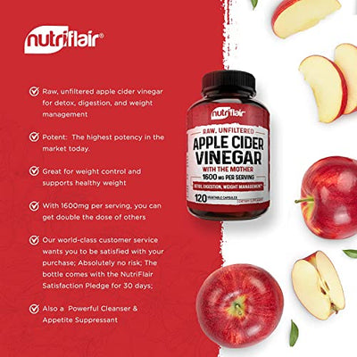Apple Cider Vinegar Capsules with Mother 1600mg - 120 Vegan ACV Pills - Best Supplement for Healthy Weight Loss, Diet, Keto, Digestion, Detox, Immune - Powerful Cleanser & Appetite Suppressant Non-GMO