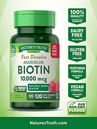 Biotin 10000mcg | 120 Fast Dissolve Tablets | Maximum Strength | Hair Skin and Nails Supplement | Natural Berry Flavor | Vegetarian, Non-GMO, Gluten Free | by Nature's Truth