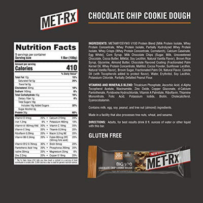 MET-Rx Big 100 Colossal Protein Bars, Chocolate Chip Cookie Dough Meal Replacement Bars, 9 Count
