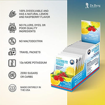 Dr. Berg's Electrolyte Powder Packets - Travel Size Hydration Drink Mix Supplement -13x Potassium - Boost Energy & Keto-Friendly - NO Maltodextrin, Sugar & Carb-Free - Raspberry Lemon Flavor 30 Counts