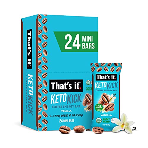 That’s it. Keto Kick Coffee Energy Bar, 24 Mini Bars, Plant-Based, Vegan, USDA Organic, Natural Caffeine from Fair Trade Coffee (95mg), Energy on the Go, Keto Friendly Keto Bars (24 Pack Vanilla)