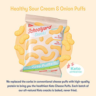 Schoolyard Snacks Low Carb Keto Cheese Puffs - Sour Cream & Onion - High Protein - All Natural - Gluten & Grain-Free - Healthy Chips - Low Calorie Food - 12 Pack Single Serve Bags - 100 Calories