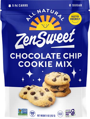 ZenSweet Baking Chocolate Chip Cookie Mix - Keto Baking Mix with No Sugar Added - 9oz, 1 Pack - Gluten Free, Grain Free, Vegan, Low Carb, Non-GMO - With Monk Fruit Sweetener - Makes 12 Sugar-Free Cookies
