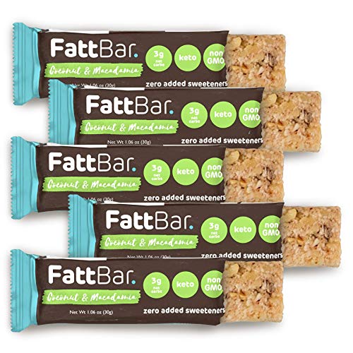 FattBar Keto Bar (Coconut & Macadamia, 5-Pack) | Natural and Delicious Keto Snacks | Low Net Carb, High Fiber, Low Sugar, Keto, Sweetener Free, Vegan, Non-GMO, No Gluten Ingredients | 1.06 oz per bar