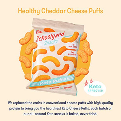 Schoolyard Snacks Low Carb Keto Cheese Puffs - Cheddar Cheese - High Protein - All Natural - Gluten & Grain-Free - Healthy Chips - Low Calorie Food - 12 Pack Single Serve Bags - 100 Calories