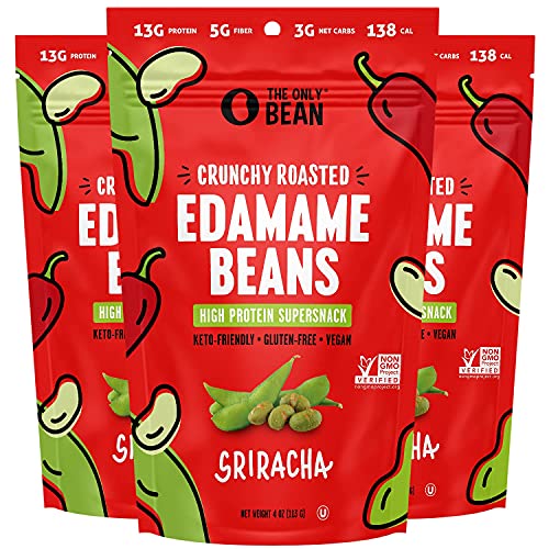 The Only Bean - Crunchy Roasted Edamame Beans (Sriracha) - Keto Snacks (3g Net) - High Protein Healthy Snacks (13g Protein) - Low Carb & Calorie, Gluten-Free Snack, Vegan Keto Food - 4 oz (3 Pack)