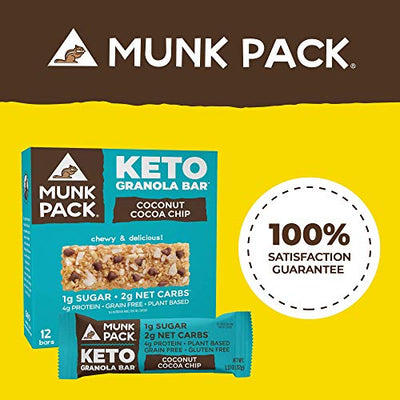 Munk Pack Keto Granola Bar, 1g Sugar, 2g Net Carbs, Keto Snacks, Chewy & Grain Free, Plant Based, Paleo-Friendly, Gluten Free, Soy Free, No Sugar Added (Coconut Cocoa Chip 12 Pack)