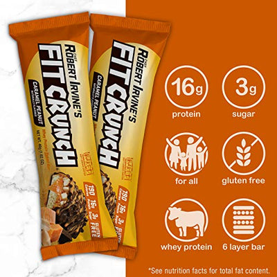 FITCRUNCH Snack Size Protein Bars, Designed by Robert Irvine, World’s Only 6-Layer Baked Bar, Just 3g of Sugar & Soft Cake Core (6 Snack Size Bars, Caramel Peanut)