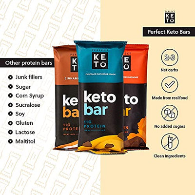 Perfect Keto Bars Snacks - Low Carb Diet Friendly Food with Protein, Coconut Oil, Collagen, No Added Sugar - Sweet Treat in Variety of Flavors - Individual Packs for Travel, Hiking - 3 Boxes, 36 Bars (6 Bars (ABB, CCCD, CR))