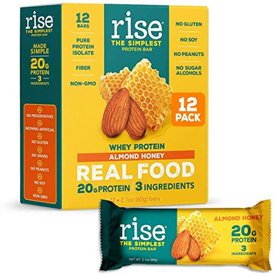 Rise Whey Protein Bars - Almond Honey | Healthy Breakfast Bar & Protein Snacks, 20g Protein, 4g Fiber, Just 3 Whole Food Ingredients, Non-GMO Healthy Snacks, Gluten Free, Soy Free Bar, 12 Pack