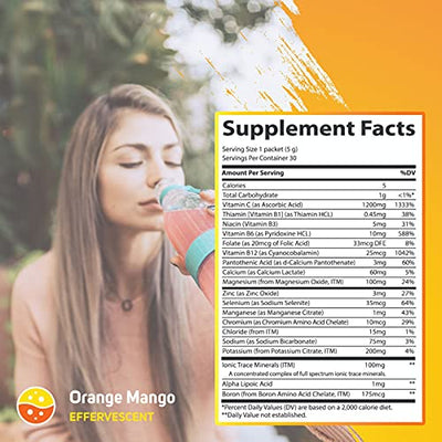 Trace Minerals Electrolytes Powder Packets (Orange Mango) Keto Friendly Electrolyte Stamina Power Pak Sugar Free Ketones Drink Mix, 1200 Mg Vitamin C Non-GMO | Energy, Immunity, Hydration, 30 Count