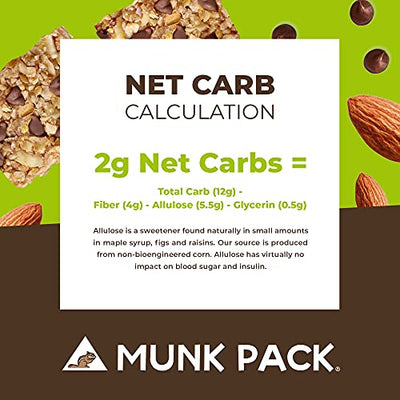 Munk Pack Keto Granola Almond Bar Butter Chocolate Chip Gain Free and Plant based, 1g Sugar, 2G Net Carbs, 5G Protein (4-Pack)