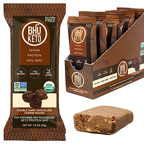 BHU Keto Bars - 1g Net Carbs, 1g Sugar - Organic Refrigerated Snacks made with Clean, Gluten Free Ingredients - 8 pack (Double Dark Chocolate Cookie Dough)