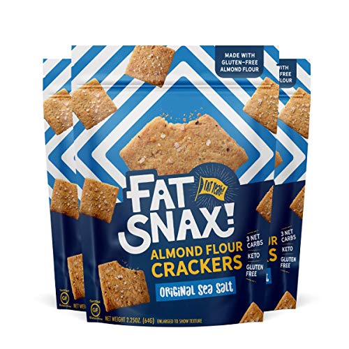 Fat Snax Almond Flour Gluten-Free Crackers - Low-Carb Keto Crackers with 11g of Fats - 2-3 Net Carb* Keto Snacks - (Sea Salt, 3-Pack)