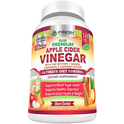 Premium Apple Cider Vinegar Capsules Max 1740mg with Mother - 100% Natural & Raw with Cinnamon, Ginger & Cayenne Pepper - Ideal for Healthy Blood Sugar, Detox & Digestion-120 Vegan Pills