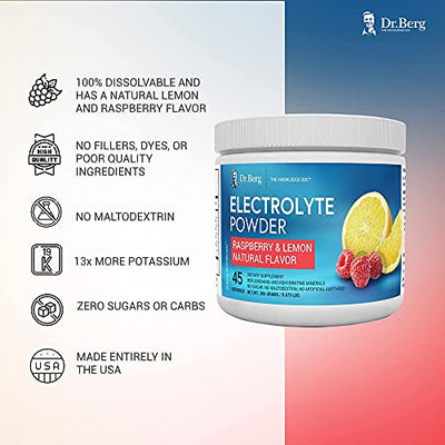 Dr. Berg's Original Electrolyte Powder - Hydration Drink Mix Supplement - Boosts Energy & Keto-Friendly - NO Maltodextrin & Sugar-Free - No Ingredients from China - Raspberry Lemon Flavor 45 Servings
