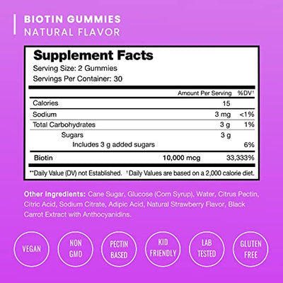 Biotin Gummies 10,000mcg [Highest Potency] for Healthy Hair, Skin & Nails for Adults & Kids - 5000mcg in Each Gummy Vitamin - Vegan, Non-GMO, Pectin-Based Hair Growth Supplement