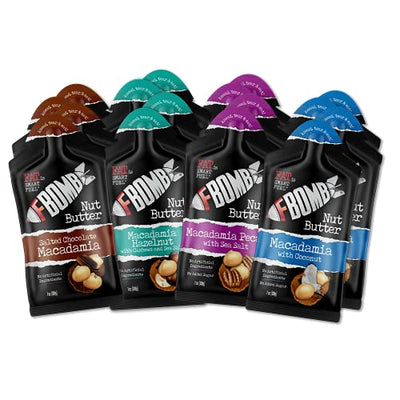 FBOMB Macadamia Nut Butter Packets - Keto Fat Bombs - Low Carb, Paleo, Keto Snacks. No added Sugar. Gluten Free - Chocolate, Coconut, Pecan, Hazelnut - 16 Single Serve Packets