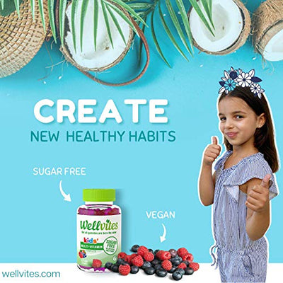 Wellvites Kids Multivitamin Sugar Free, Vegan Gummy Vitamins: Sweetener Free, Gelatin Free and Non-GMO, 60 Count (30 Day Supply)