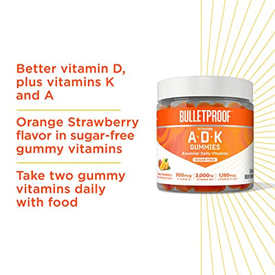 Vitamins A+D+K, 60 Sugar-Free Gummies, Strawberry Orange Flavor |1000mcg K1, 900mcg A, 180mcg K2, 50mcg D3 | High Potency Bulletproof Keto Supplement for Heart, Bone and Immune Support