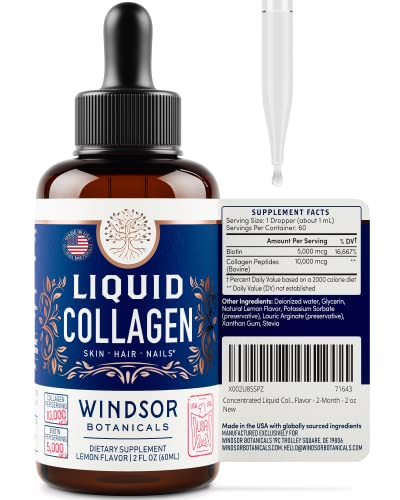 Concentrated Liquid Collagen Peptides Supplement - Hair, Skin, Nail, Joints Support - Sublingual Drops by Windsor Botanicals - 10,000mcg Collagen, 5,000mcg Biotin - Lemon Flavor - 2-Month - 2 oz
