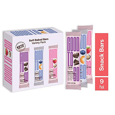 GOOD TO GO Soft Baked Bars 9 Ct. Variety Pack; Mix of Individually Wrapped Strawberry Macadamia Nut, Double Chocolate, & Blueberry Cashew; Gluten Free, Keto Friendly, Paleo Friendly, Low Carb Snacks