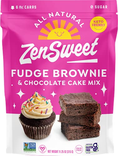 ZenSweet Fudge Brownie & Chocolate Cake Mix - Keto Baking Mix with No Sugar Added - 11.25oz, 1 Pack - Sugar Free, Gluten Free, Low Carb, Low Calorie - With Monk Fruit Sweetener - Makes 12 Keto Brownies