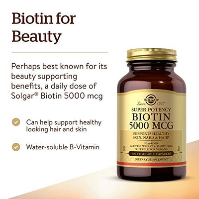Solgar Biotin 5000 mcg, 100 Veg Caps - Promote Healthy Skin, Nails & Hair - Supports Energy Production, Protein, Carbohydrate & Fat Metabolism - Vitamin B - Non GMO, Vegan, Gluten Free - 100 Servings