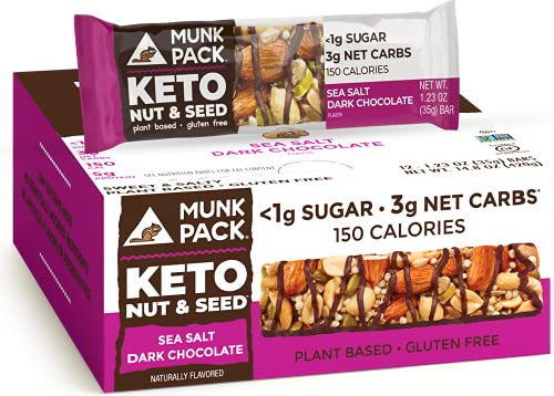 Munk Pack Keto Nut & Seed Bar, <1g Sugar, 3g Net Carbs, Keto Snacks, No Added Sugar, Plant Based, Gluten Free, Soy Free (Sea Salt Dark Chocolate 12 Pack