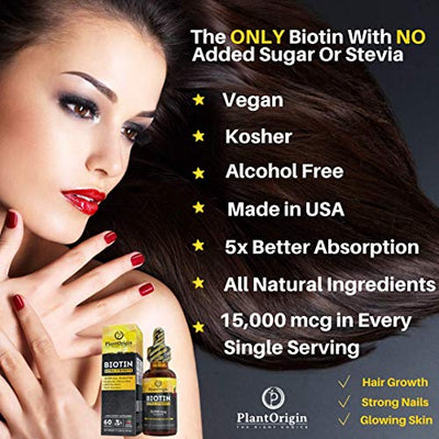 Extra-Strength 15000mcg Biotin Liquid Vitamin Drops - Supports Hair Growth, Glowing Skin & Strong Nails , Alcohol-Free & Kosher,Berry Flavor & Coconut Oil - 5X Better Absorption, 60 Servings