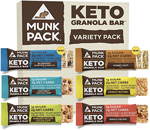 Munk Pack Keto Granola Bar, 1g Sugar, 2g Net Carbs, Keto Snacks, Chewy & Grain Free, Plant Based, Gluten Free, Soy Free, No Sugar Added (Variety 6 Pack)